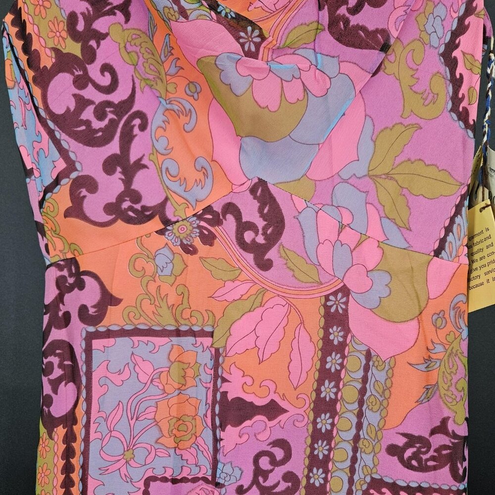 Vintage Elinor Gay Dress Womens 10 Pink Multi Cowl Neck Maxi Rayon 70s NEW Old - Picture 11 of 16